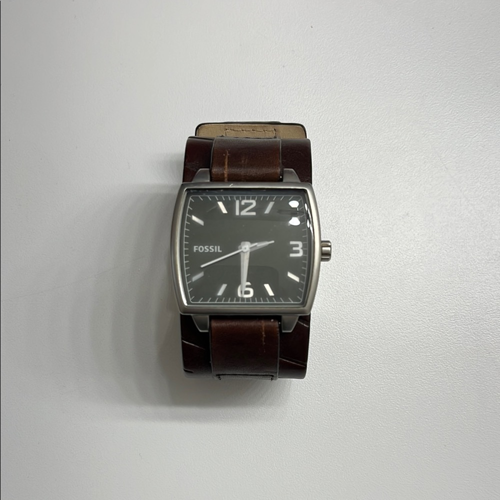 Fossil Silver Watch with Brown Leather Strap